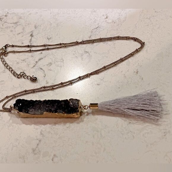 *3/$20* Gray crystal and tassel pendant gold tone long necklace - Picture 3 of 4